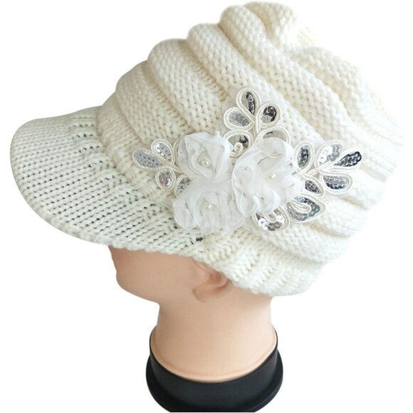 Women\'s Beautiful Style Crochet White Flower Brim Knit Winter Warm Hat Cap main image 5